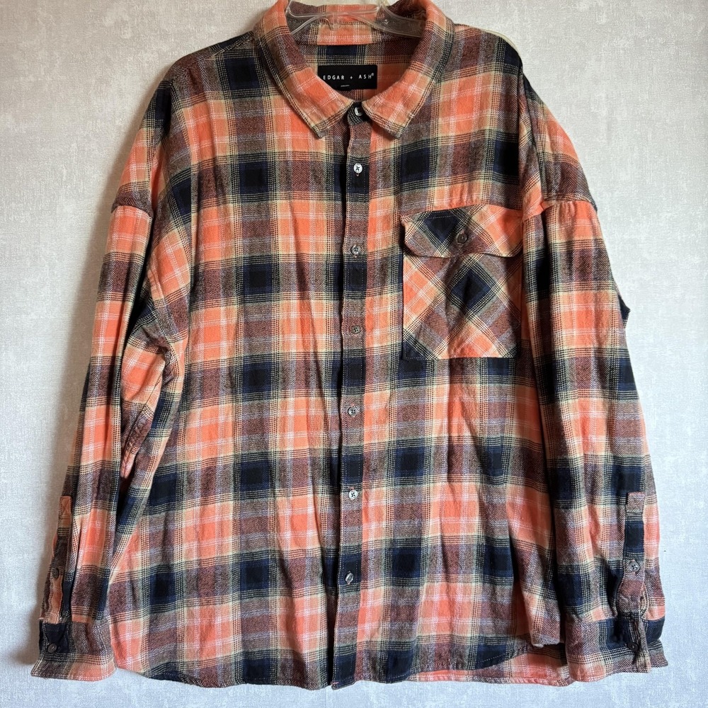 Edgar + Ash Shirt Mens 2XL Orange‎ Plaid Flannel Button Front Long Sleeve Casual